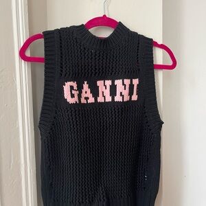 Ganni Black Knit Tank Top with Pink Logo